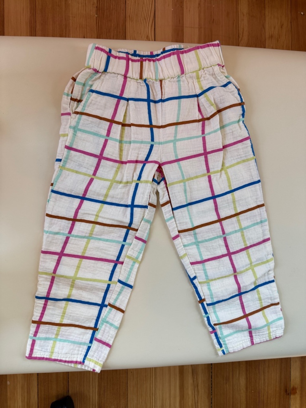 Girls White Linen Plaid Pants with Multicolor Grid Size 4